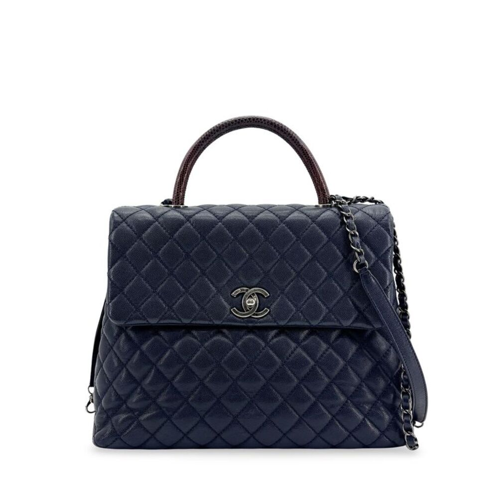 Chanel Coco Top Handle Quilted Caviar Navy Leather Handbag